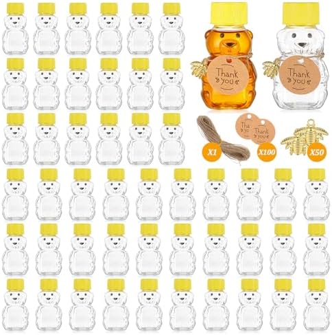 50 Pack 2 oz Honey Bear Bottles with Gold Bee Pendants & Thank You Cards - Mini Plastic Bear Jars with Lids, Leak-Proof Empty Containers for Honey, Jam, Baby Shower, Wedding Favors by Unknown