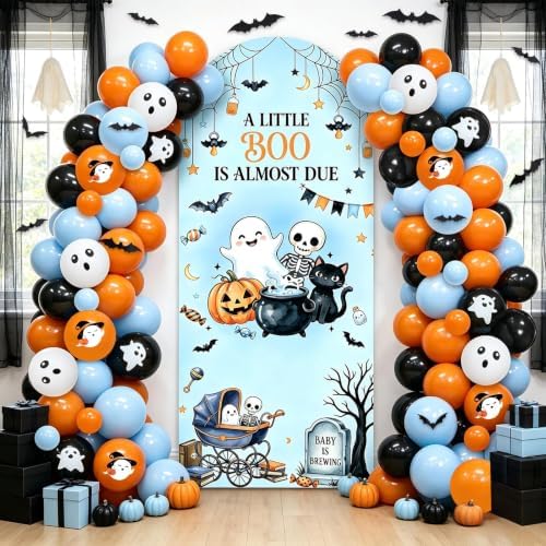 Blue Halloween Baby Shower Party Decoration Set, 6 Ft A Little Boo is Almost Due Stretchy Arch Backdrop Covers with Bat Stickers Balloon Garland Kit for Baby Shower Birthday Party Decor - Image 2