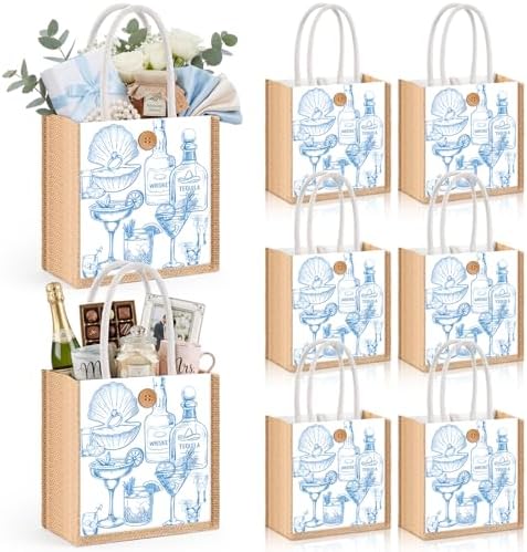 Abbylike 8 Pcs Bachelorette Gift Bags Burlap Bridesmaid Party Favor Bags with Handle Blue Reusable Canvas Beach Goodie Tote Bag for Bachelorette Bridal Last Toast on The Coast Party Decor by Abbylike