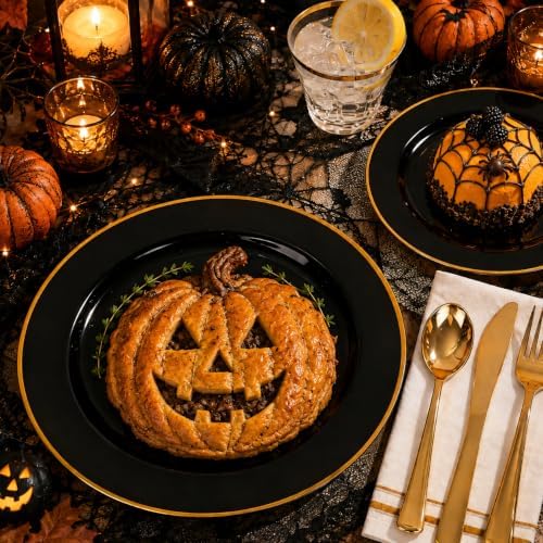 SUT 175 Piece Black and Glod Plastic Dinnerware Set for 25 Guests, Disposable Plastic Plates, Include: 25 Dinner Plates, 25 Dessert Plates, 25 Pre Rolled Napkins with Silver Silverware, 25 Cups - Image 2