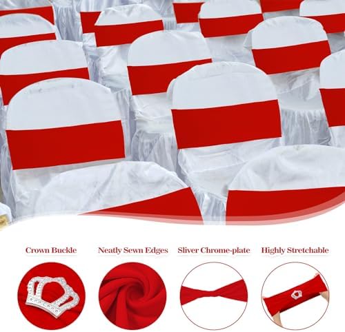 VitalCozy 100 Pcs Spandex Chair Sashes with Crown Buckle,Red - Image 3