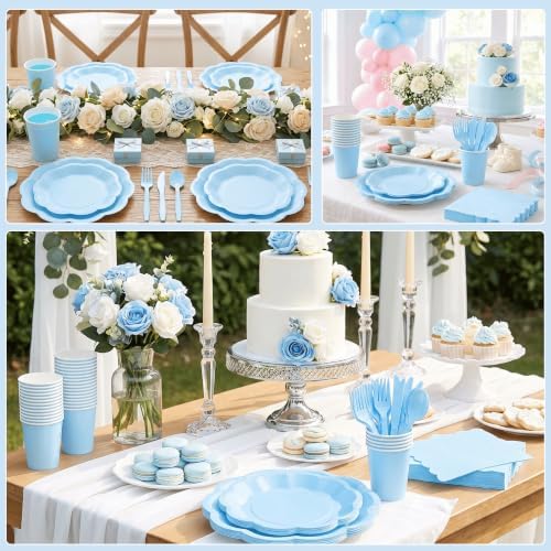 350 Pcs Light Blue Scalloped Disposable Plates Tableware Set for 50 Guests - Image 5