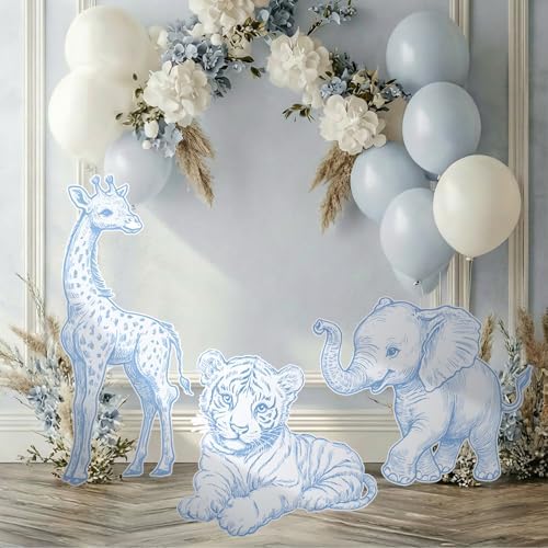Eaasty 3 Pcs Blue Toile De Jouy Baby Shower Decor, Safari Animal Cutouts - Image 3