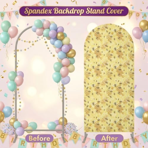 Yellow Summer Arch Backdrop Cover 7.2 ft Modern Bees Honeycomb 2 Sided Wedding Arch Covers Stretchy Backdrop Round Top for Birthday, Party, Baby Shower Decorations - Image 6