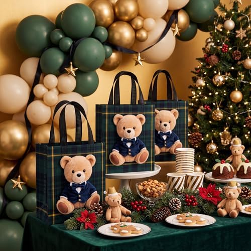 Tallew 24 Pack Tartan Plaid Bear Bulk Gift Bags with Handles Non Woven Bags - Image 3