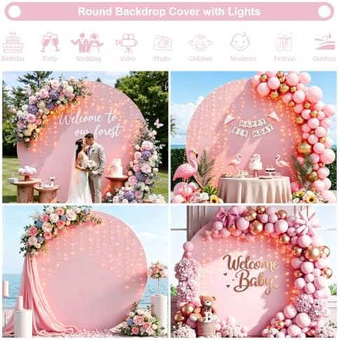 Gallety 7.2FT Pink Round Backdrop Cover with String Lights, Adjustable Fit for 5FT–7.2FT Circle Arch Stands, 4 Metal Clips & 24 Clear Clips, Circle Backdrop Cover for Wedding, Birthday & Baby Shower - Image 3
