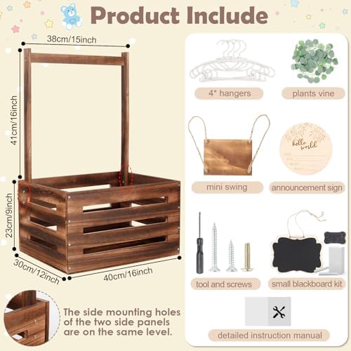 Wooden Baby Shower Crate Closet with Handle and Garland, Large Capacity Baby Baskets for Baby Shower, Easy Assembly Baby Shower Basket for Welcome Newborn Parents Party (Dark Walnut) - Image 2