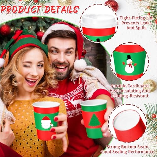 120 Pack Christmas Coffee Cups with Lids and Sleeves, 12 oz Red and Green Paper Disposable Cups, Festive Designs Snowman Snowflakes Santa Christmas Tree Gingerbread Candy Cane for Xmas Party Favors - Image 3