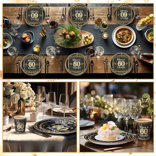 Pickmesh 250 Pcs 60th Birthday Party Supplies Decorations Serve 50 Black Gold Cheers to 60 Years Disposable Paper Plates Napkins and Cups for Women Men 50th Birthday Wedding Anniversary Party Supplies - Image 5