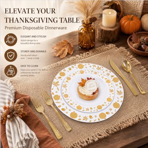 WDF 150pcs Gold Plastic Plates with Disposable Plastic Silverware - Premium Thanksgiving Dinnerware Sets for Thanksgiving Day&Parties - Image 4