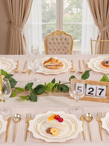WDF 100PCS Ivory Plastic Plates with Gold Rim - Cream Plastic Plates - Include 50 Dinner & 50 Dessert Fancy Disposable Plate for Party - Heavy Duty Beige Plate for Baby Shower/Wedding - Image 5