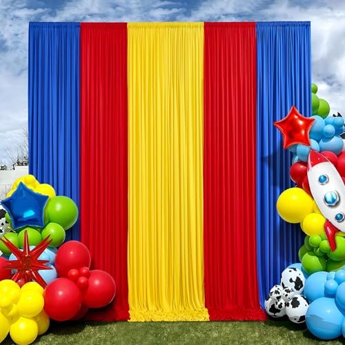 15×10 FT Wrinkle Free Red Yellow Blue Backdrop Curtains for Parties, 6 Panels 2.5×10ft Wrinkle Free Soft Polyester Drapes for Backdrop Decor Themed Party Baby Shower Photo Background Curtain by ENJOYYOURPARTY