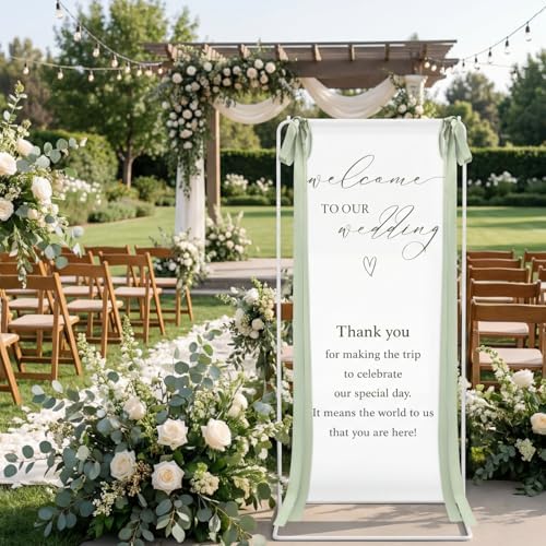 Wedding Welcome Linen Sign Stand with Satin Ribbon(Green) - Image 2