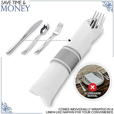 400 Pieces Pre Rolled Silver Plastic Cutlery Set, Individually Wrapped Plastic Silverware Set with 100 Forks, 100 Knives, 100 Spoons, 100 Napkins, Utensils for Weddings, Service for 100 Guests - Image 3