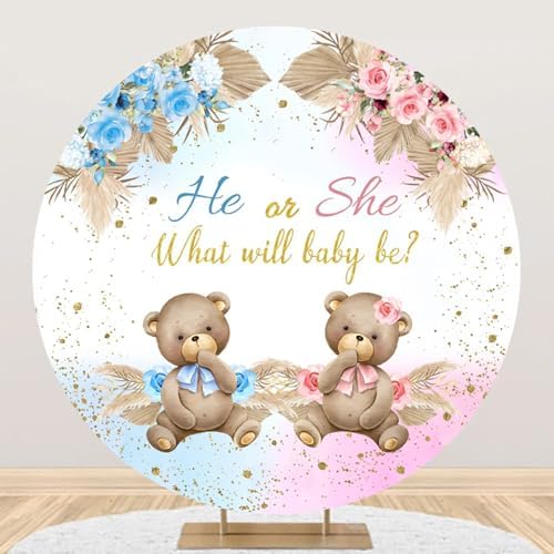 Polyester Diameter 7.5ft Round Gender Reveal Backdrop Boho Bear Pampas Grass Floral Background for Photography He Or She What Will Baby Be Mommy Pregnancy Party Photo Booth Props - Image 2