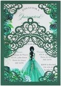 Hosmsua 50PCS Personalized Emerald Green Quinceanera Invitations Kit, 5.1x7.3 Inch Laser Cut Floral Crown Pocket Quinceanera Invitation Cards with Envelopes for Birthday Quince Anos Invite by Hosmsua
