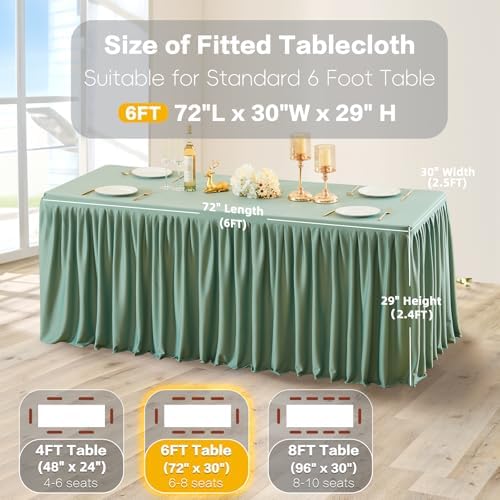 Wish Care Sage Green Table Clothes for Rectangle Tables 6ft, Wrinkle Resistant Fitted Table Cloth with Pleated Ruffle Skirts for Banquet Wedding Baby Shower Folding Tables - Image 3