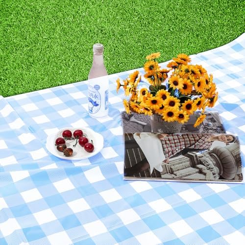 Kesfey 12 Packs Light Blue Gingham Tablecloth Pale Blue and White Checkered Tablecloths 54 x 108 Inch Disposable Plastic Gingham Tablecovers Waterproof Rectangle Picnic Table Cover for Birthday Party - Image 7
