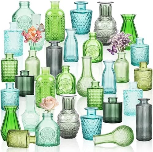 32 PCS Assorted Vintage Bud Vases, Colorful Glass Small Vases Bulk, for Centerpieces, Wedding Table Decor, Home Decorations & Gifts (Green Series) by Unknown