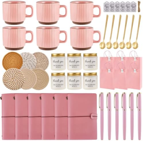 Baby Shower Prizes for Game Winners Baby Shower Games Prizes Ceramic Mugs with Metal Spoons Woven Coasters Notebooks Scented Candles Gift Bags Wedding Bridal Shower Favors for Guests (6, Pink) by WishFond