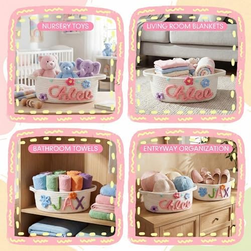 LemonRoad 6 Sets Small Woven Gift Basket DIY Rope Baskets for Gifts Empty with Handles Bags, Ribbons, Sewing Machine, Crochet, Dog Baby Toy Nursery Storage Bins 12"x 8"x 5" for Baby Showers Birthday - Image 4
