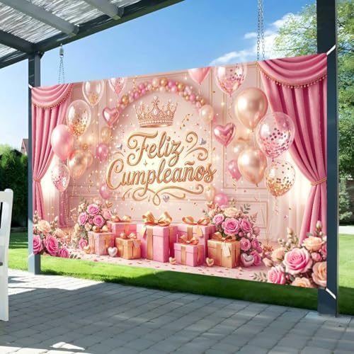 Feliz Cumpleaños Backdrop Pink Gold Balloon Crown Rose Gift Curtain Photo Background Banner for Women Girls Birthday Party Photoshoot 20X10ft - Image 5