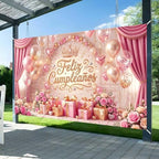 Feliz Cumpleaños Backdrop Pink Gold Balloon Crown Rose Gift Curtain Photo Background Banner for Women Girls Birthday Party Photoshoot 10X8ft - Image 5