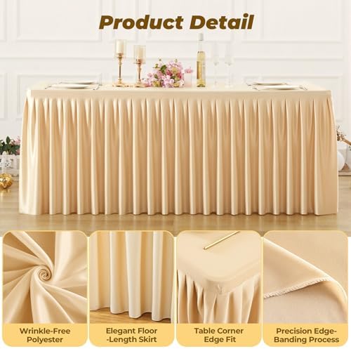 Dark Champagne Polyester Table Cloths for Rectangle 4 Foot Tables, 2 Pack Wrinkle Free Tablecloths Stretchy Banquet Ruffle Fitted Table Cover Desk Skirt for Parties Wedding Birthday Baby Shower - Image 4