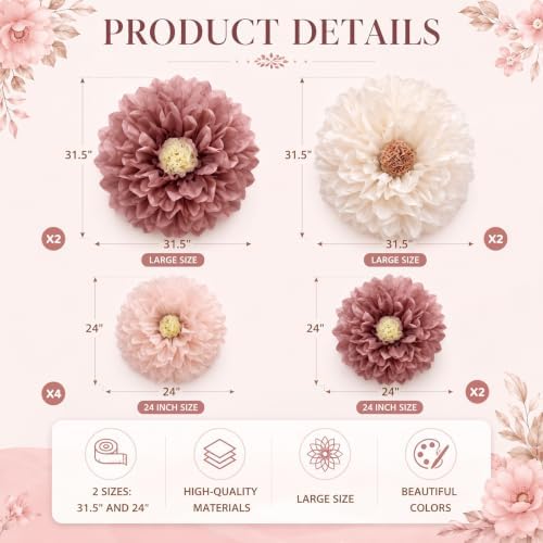 Waydress 10 Pcs Giant Paper Flower Decorations, Boho Party Backdrop Decor - Image 2