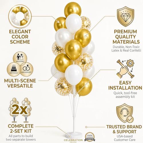 Hiins Gold Balloon Column Kit Set of 2 With Base for Prom Party Decor - Image 2