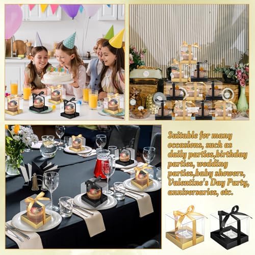 Gerrii 100 Pcs Clear Plastic Individual Cupcake Boxes 3.5" Single Cupcake Containers Transparent Ornament Gift Box with Inserts and Ribbon for Wedding Baby Shower Party Favor (Gold and Black) - Image 6