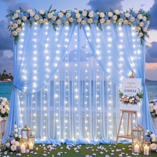 20ft x 12ft Baby Blue Tulle Photo Backdrop Curtain with Lights String for Parties Wedding Sheer Light Blue Curtain Backdrop for Baby Shower Boy Birthday Party Gender Reveal Photo Booth Background - Image 2
