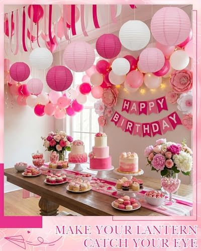 Treela 48 Pcs Paper Lanterns Party Decorations Round, Pink,White - Image 2