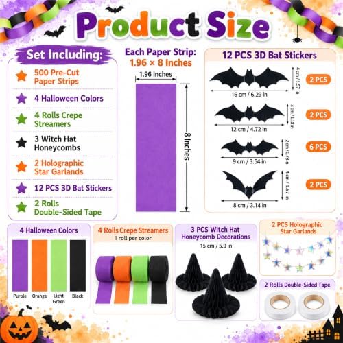 Halloween Decoration Paper Chain Garland, 500 Sheet Strips, Crepe Streamers - Image 3