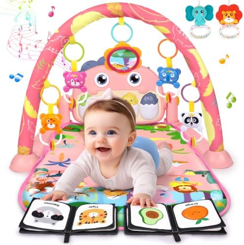 UMIKU Baby Play Mat Tummy Time Mat Girl High-Contrast Cloth Pink Dinosaur - Image 2