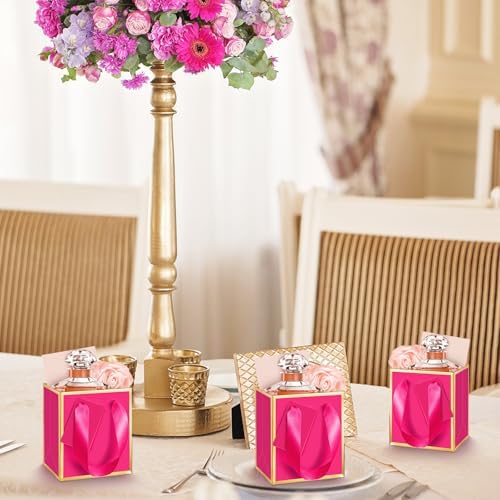 Yeaqee 50 Pcs Mini Paper Gift Bags with Handles Tag, Hot Pink, Gold - Image 6