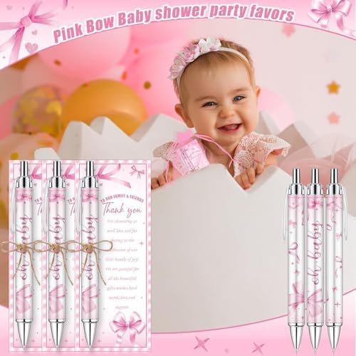 145 Pieces Pink Bow Baby Shower Favors for Guest Bow Coquette Ballpoint Pens and Keychains Gifts for Girls Bulk Retractable Baby Shower Pens Gender Reveal Thank You Cards Souvenirs Prizes - Image 5