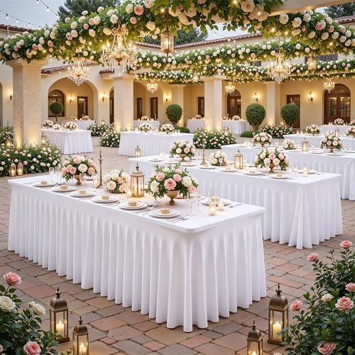 6 Packs White Tableclothes for 8 Foot Rectangle Tables, Wrinkle Resistant Fitted Table Cloth Stretch Spandex Table Covers with Skirt for Event Banquet Wedding Birthday Party - Image 3
