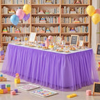 PARTISKY 17FT Length Purple Tulle Table Skirt for Rectangle Tables 2-Layer Ruffle Tulle Tutu Cloth Desk Table Skirt for Baby Shower Girl Birthday Party Wedding Cake Dessert Decorations by Partisky