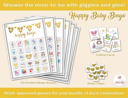 Party Hearty Baby Shower 5 Game Pack, Premium Thick Cardstock - Gold - Image 3