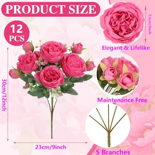 Peonies Artificial Flowers Bouquet, Lifelike Silk Fake Peonies with Stems for Home Table Centerpieces, Wedding, Party & DIY Bridal Floral Arrangements (12, Rose red) - Image 4