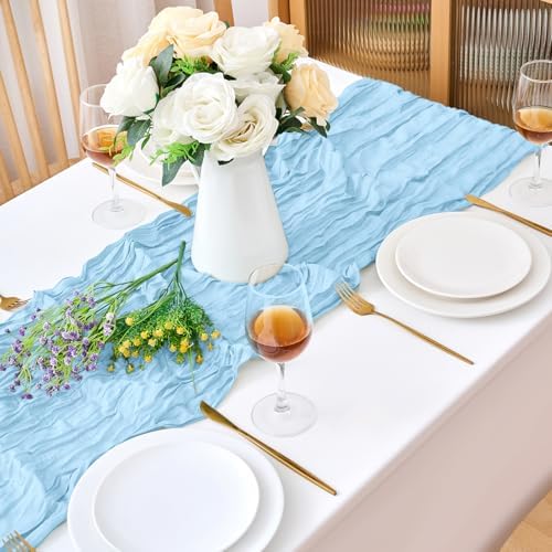 18 Pack Baby Blue Cheesecloth Table Runner 21.5x120 Inch,Semi Sheer Boho Gauze Cheese Cloth Fabric Table Runners 10 FT Long for Wedding Party Baby Shower Birthday Home Decor Holiday Decorations - Image 2