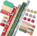 WRAPAHOLIC Christmas Wrapping Paper Set - Red Green Gold and Silver Snowflakes Trees with Metallic Foil Shine Wrapping Paper Bundle with Gift Bow & Ribbon & Tag & Sticker by WRAPAHOLIC