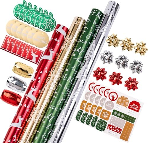 WRAPAHOLIC Christmas Wrapping Paper Set - Red Green Gold and Silver Snowflakes Trees with Metallic Foil Shine Wrapping Paper Bundle with Gift Bow & Ribbon & Tag & Sticker by WRAPAHOLIC