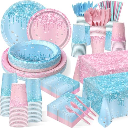 Potchen 452 Pcs Gender Reveal Plates Napkins Party Supply, Pink Blue by Potchen
