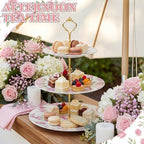 3 Tier Pink Floral Cake Stand Ceramic Coquette Dessert Stand with Gold Metal Rack Shabby Hydrangea Bow Cupcake Tower for Wedding Bridal Shower Baby Shower Birthday Afternoon Tea Party - Image 2