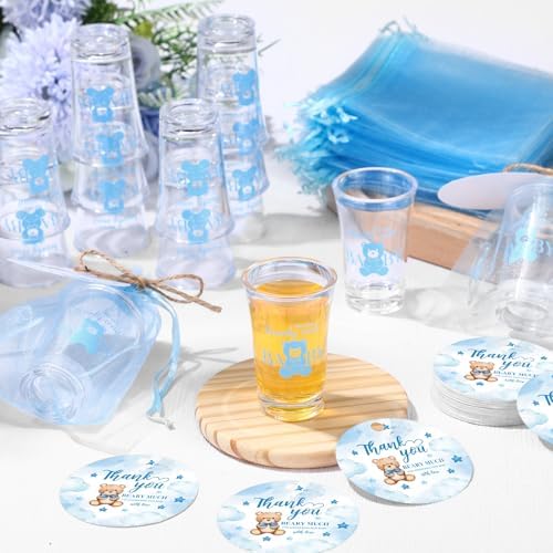 Funnymoom 50 Sets Bear Baby Shower Favors for Guests Souvenir Blue Teddy Bear Birthday Party Supplies We Can Bearly Wait Acrylic Clear Shot Glasses Thank You Tags with Organza Bags for Gender Reveal - Image 6