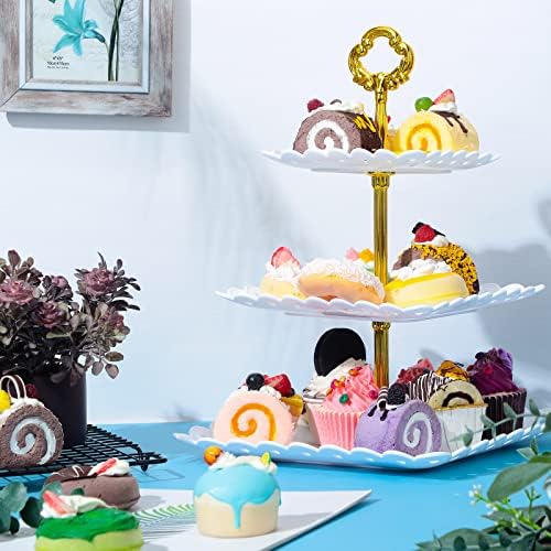 6 Sets of 3 Tier Tea Party Cupcake Stand, White Plastic Cupcake Dessert Plates Square Display Trays for Cake Fruit Candy Display Tower for Wedding Birthday Baby Shower Decorations - Image 5