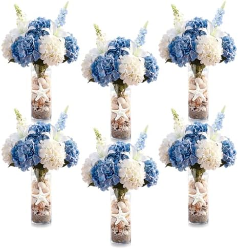 Yinder 6 Set Blue Wedding Flower Table Centerpieces Artificial Hydrangea Flowers Coastal Seashell Starfish Vase Table Decorations Blue White Floral Arrangement for Baby Shower Wedding Party Decor by Yinder