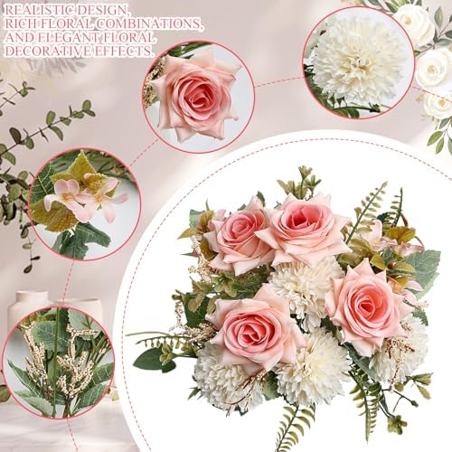 Pink White Peonies Artificial Flowers 12 Bundles Silk Mum Roses - Image 3